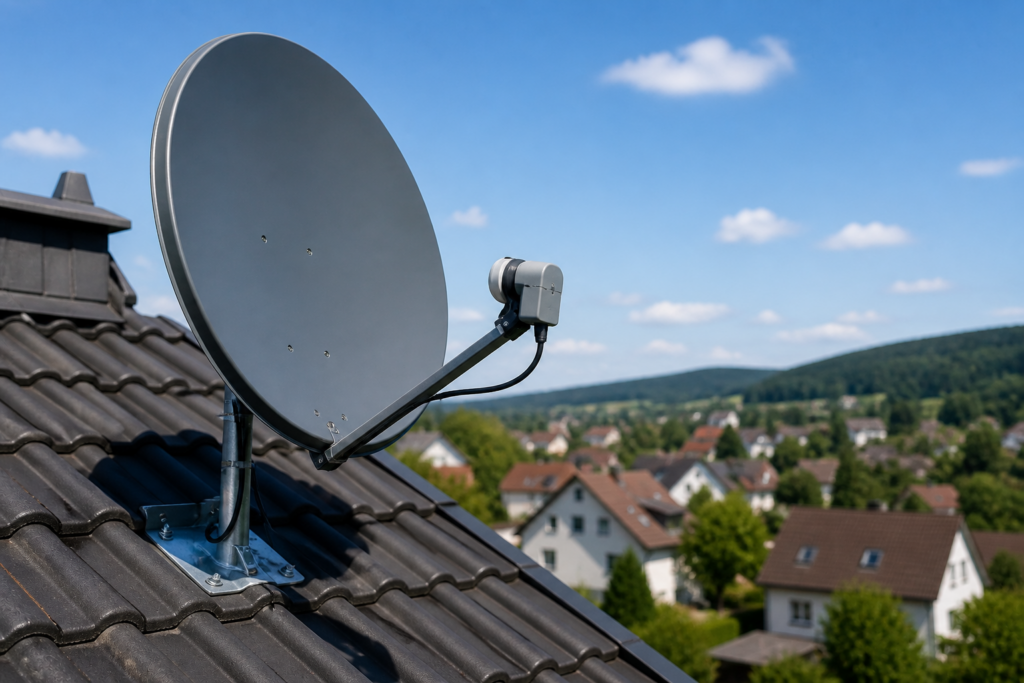 Satellitenschüssel auf Dach mit Aussicht